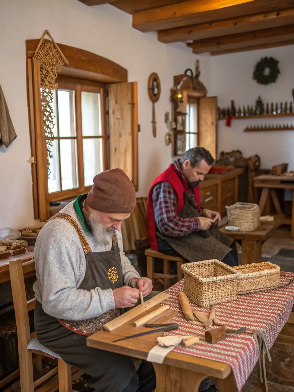 A photograph of artisans demonstrating traditional woodworking techniques to a group of visitors at MUSEE PAPOTTE, with participants actively engaged in the learning process.