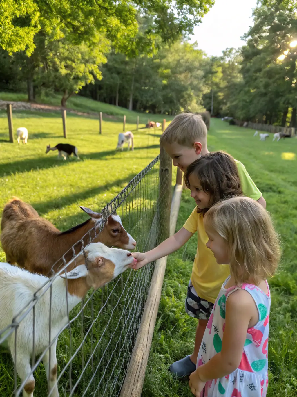 A photograph of children participating in a rural life educational program at MUSEE PAPOTTE, learning about traditional farming practices and interacting with farm animals.