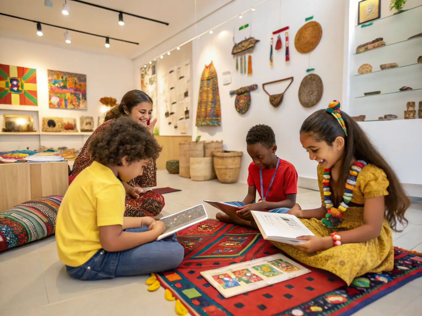 A group of children participating in an educational program at the museum, learning about traditional crafts and rural heritage.