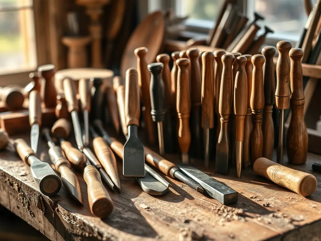 A detailed photograph of antique woodworking tools displayed in the museum, highlighting craftsmanship and historical significance.