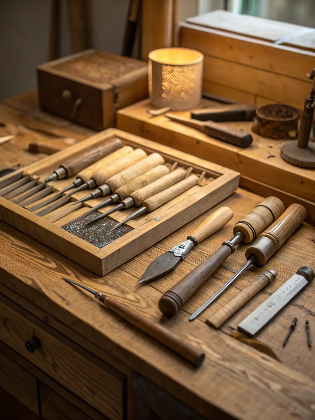 A photograph of a woodworking exhibit at MUSEE PAPOTTE, showcasing various traditional tools and finished wooden crafts, displayed with informative signage.